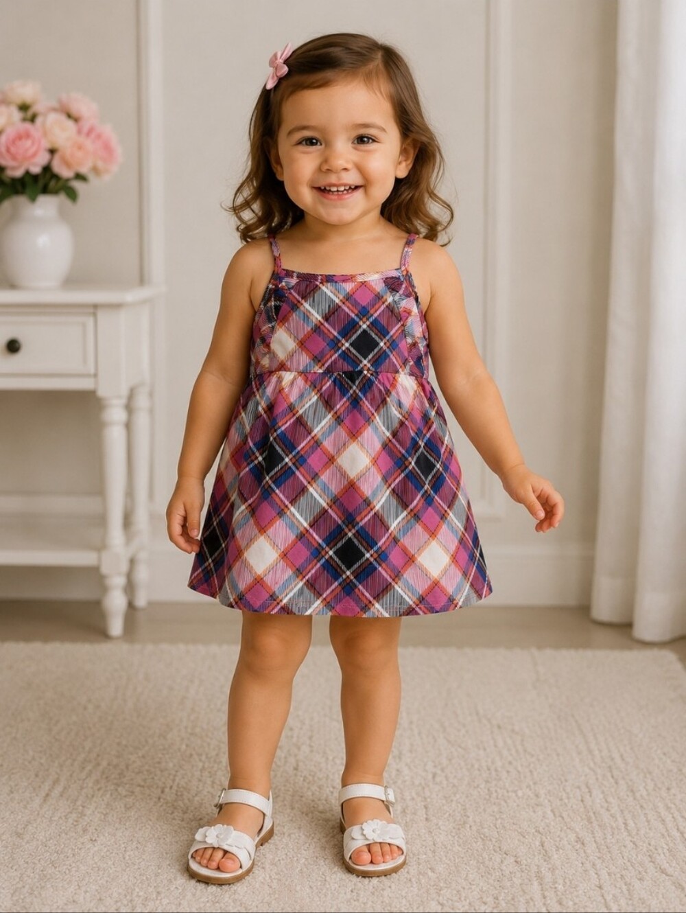 BK Colorful Plaid Sleeveless Spaghetti Strap Button Back Summer Sun Dress